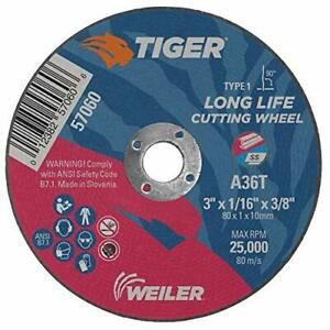 Weiler 57060 3&#034; x 1/16&#034; Tiger Type 1 Cutting Wheel A36T 3/8&#034; A.H. Pack of 100