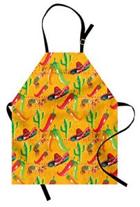 Lunarable Mexican Apron, Elements Cactus Hat and Chili Pepper Pattern Over Bib