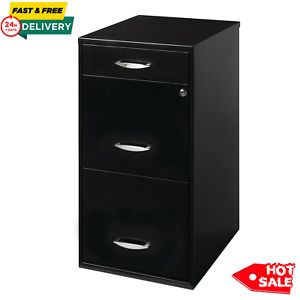 Metal File Cabinet 3 Drawer 18&#034; Deep Home Office Filing Storage with/ Lock - Bla