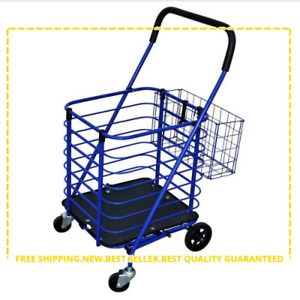 Blue Steel Folding Shopping Cart Swivel Caster Padded Handle W/ Accessory Basket