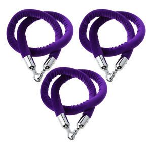 3pcs Purple 1.5m Queue Line Rope Barrier Belt w/ Silver Polished Hooks
