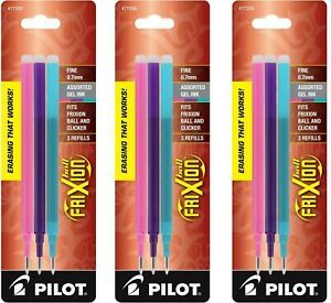 x9 Pilot FriXion Gel Pen Refill, Fine 0.7mm, Assorted Pastel Inks, 3 Packs of 3