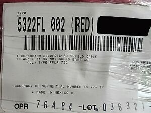 Belden Wire 5322FL 18/4C Solid Shielded Riser Fire Alarm Cable FPLR Red /100ft