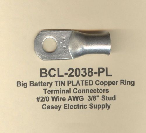 2 big tin plated copper ring lug terminal connector #2/0 wire 3/8&#034; stud molex for sale
