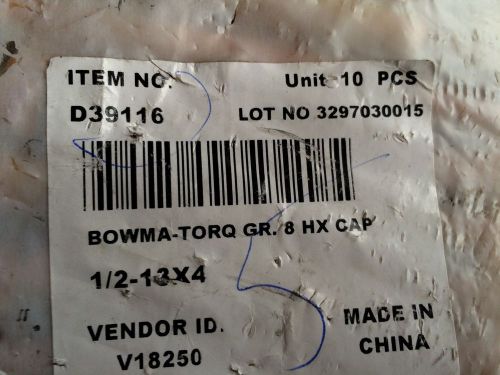 Bowma-Torq 1/2-13 x 4&#034; Hex Head Grade 8 Bolt 39116  Lot of 10pcs