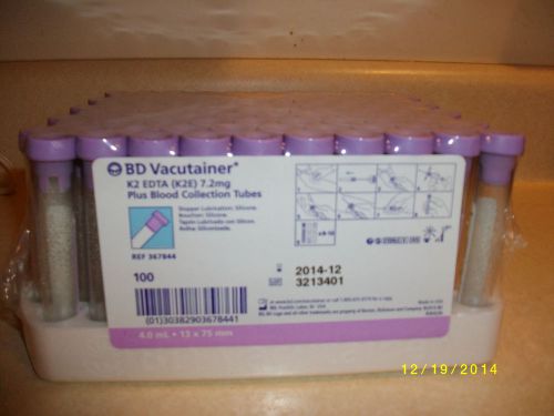 BD Vacutainer K2 EDTA (K2E) 7.2mg plus collection tube 100/box #367844 Lavender
