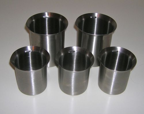 5 vintage vollrath stainless steel pour spout beakers 250ml &amp; 125ml sheboygan wi for sale