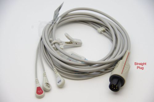 Ecg/ekg 1 piece cable 3 leads snap (straight plug) aami welch allyn   us seller for sale
