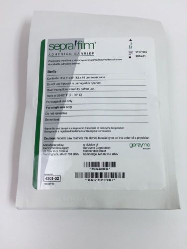 Genzyme 4301-02 SepraFilm Adhesion Barrier 5” x 6” membrane ~ Lot of 12