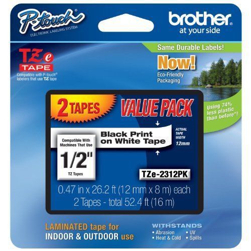 Brother tze2312pk p-touch tz231k label tape, black on white (brttz2312pk) for sale
