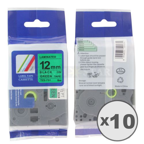 10pk black on green tape label for brother p-touch tz tze 731 12mm 1/2&#034; 26.2ft for sale