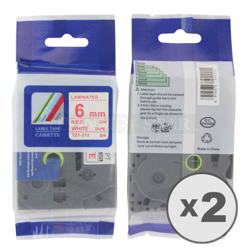 2pk Red on White Tape Label Compatible for Brother P-Touch TZ 212 TZe 212 6mm