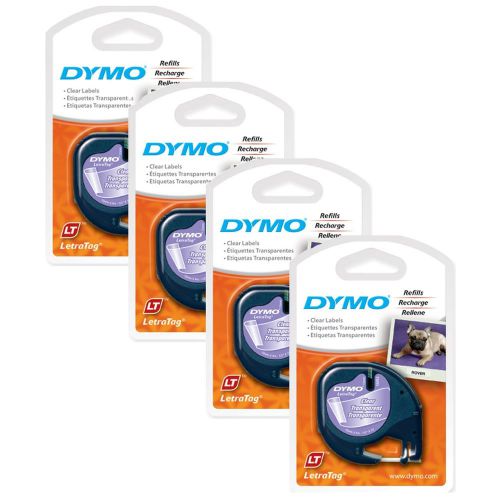 4PK Dymo New &amp; Improved LetraTag CLEAR Plastic Letra Tag LT Label Maker Refills