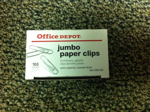 Smooth Paper Clips, Wire, Jumbo, Silver, 100/Box Office Depot NEW