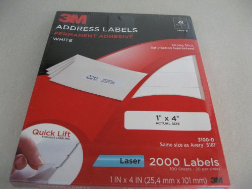 3M Permanent Adhesive Address Labels 1&#034;x4&#034;  2000 Labels Laser White
