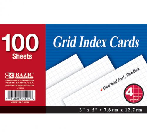 BAZIC 100 Ct. 3&#034; X 5&#034; Quad Ruled 4-1&#034; White Index Card, Case of 36