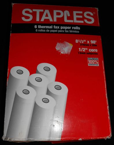 STAPLES 6 THERMAL FAX PAPER ROLLS 8 1/2&#034; x 98 1/2 in core 269571-US NEW