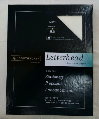 Southworth, 100 Sheets Letterhead Business Paper, 100% Cotton, 28Lb. Ivory, L#12