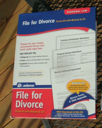 File For Divorce Personal Law Forms Kit with Manual &amp; CD Adams NEW