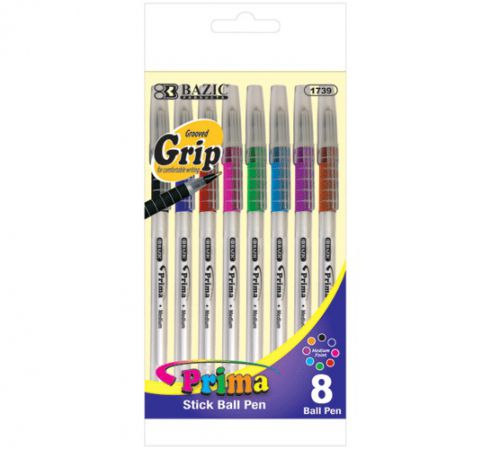 BAZIC 8 Color Prima Stick Pen w/ Cushion Grip, Case of 24