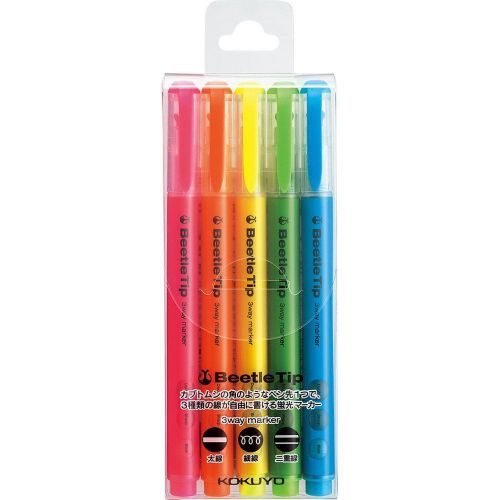 NEW Kokuyo Beetle Tip 3way Highlighter Pen - 5 Color Set