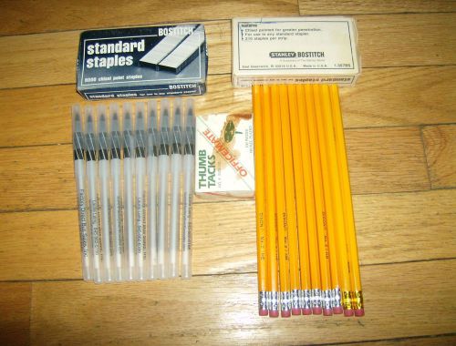2 Boxes of staples 1 box of thumb tacks 10 pens 10 pencils