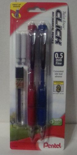 2 Pentel Twist-Erase Side Click Mechanical Pencils RED/BLUE BARRELS 0.5mm
