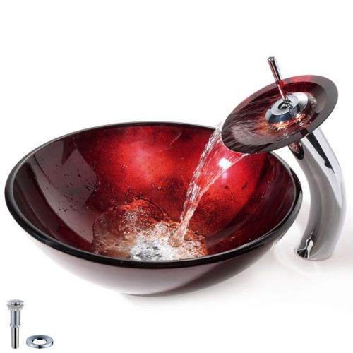 Modern Bathroom Red Round Vessel Sink and Waterfall Faucet Set Free Shipping