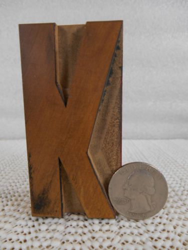 Antique Solid WOOD PRINT BLOCK Letter K (1 1/2 x 3 x 7/8") Letterpress Typeprint