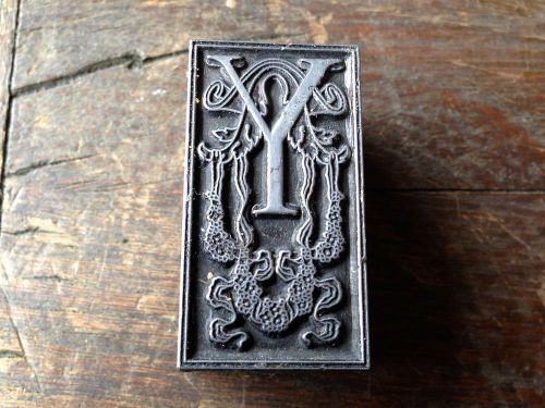 Stunning Antique All Metal Printers Blocks beautiful ornate storybook - letter Y