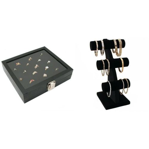Glass Top Jewelry Case W/ Ring Foam Tray Insert &amp; Velvet 3-Tier T-Bar Kit 3 Pcs