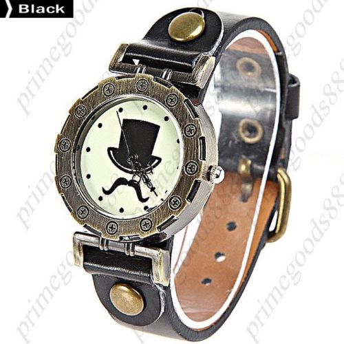 Mustache Top Hat Round Case Quartz Lady Ladies Wristwatch Women&#039;s Black