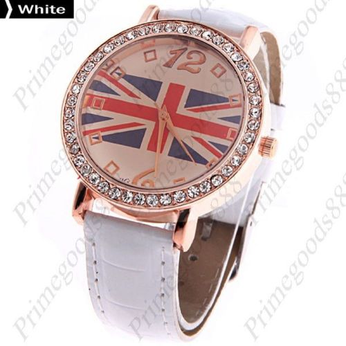 Union Jack Flag Round PU Leather Analog Wrist Quartz Wristwatch Women&#039;s White