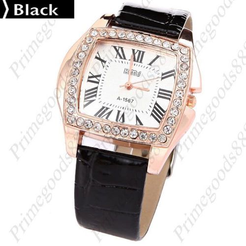 Synthetic leather rhinestone roman numbers wrist quartz wristwatch women&#039;s black for sale
