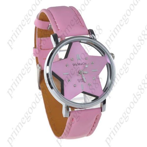 Star Round Synthetic Leather Wrist Quartz Lady Ladies Wristwatch Women&#039;s Pink