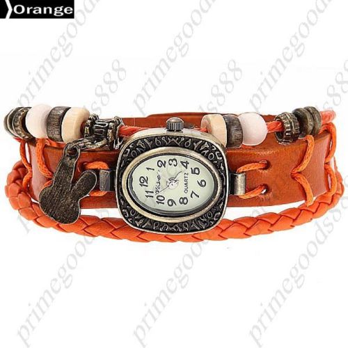 Rabbit pu leather analog quartz wrist lady ladies wristwatch women&#039;s orange for sale