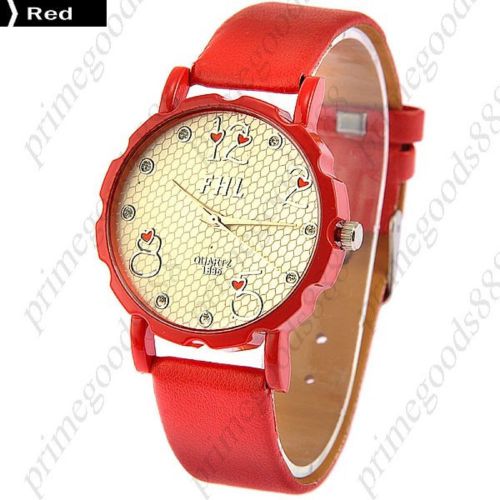 Gear round analog pu leather lady ladies wrist quartz wristwatch women&#039;s red for sale