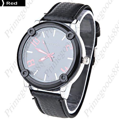 PU Leather Round Case Quartz Wrist Men&#039;s Free Shipping Wristwatch Red Numbers