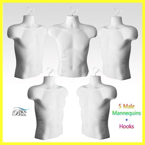 5 Male White Mannequins Torso Forms Perfect Display For Small to Medium T-Shirts
