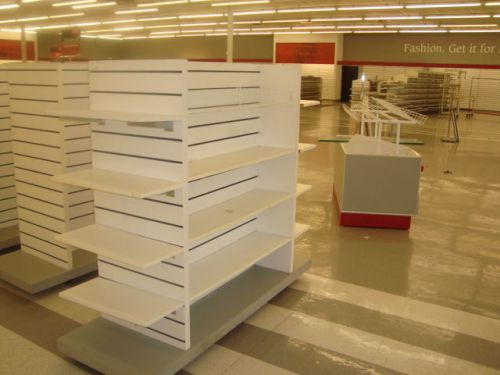 Rolling slatwall display white / oak shelves or basket store fixture liquidation for sale