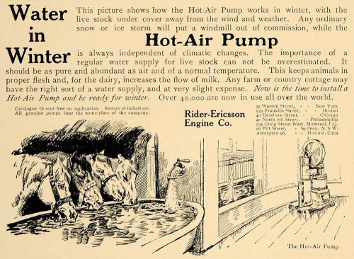 1907 ad horse water trough hot-air pump rider ericsson - original cl9 for sale