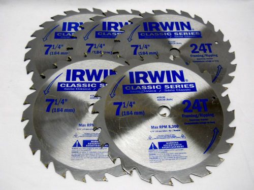 Five 7 1/4&#034;  24 tooth framing ripping saw blades irwin classic series wood saw for sale