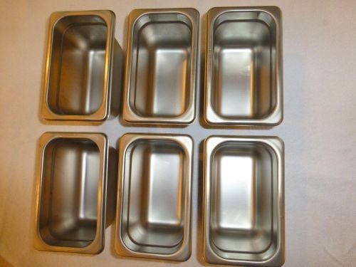 LOT OF 6, 1/9 SIZE STAINLESS STEEL STEAM  PANS, (NSF), 4 IN. DEEP