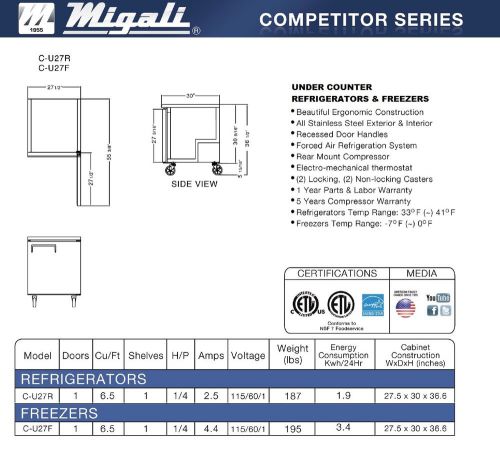 New Migali Single Door 27&#034; Under Counter Freezer C-U27F - Free Shipping!!