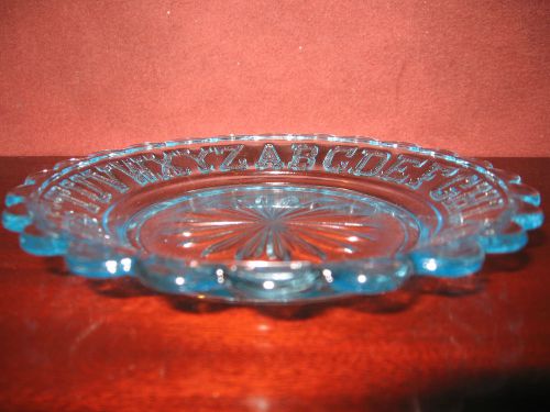 Aqua Blue glass Childs ABC alphabet plate platter tray baby childrens art clear