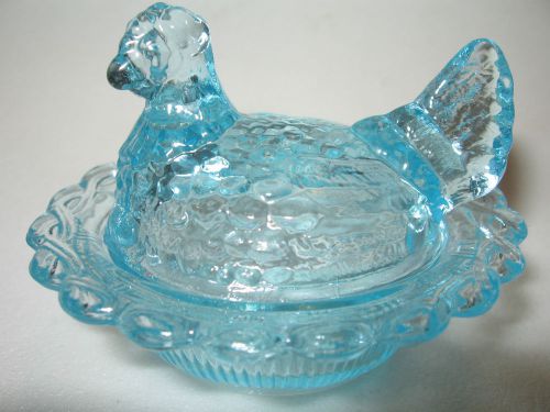 Aqua blue glass salt cellar / celt hen chicken on nest basket dish chick dip art