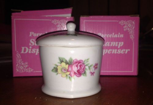 Postage stamp dispenser holder porcelain (2) boxed with lid floral for sale
