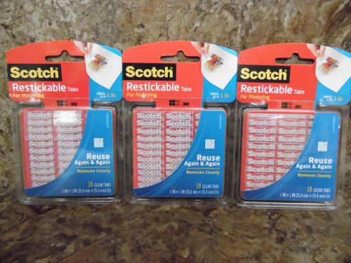3 PACKAGES SCOTCH RESTICKABLE TABS - 54 REUSABLE CLEAR TABS - SEALED PACKAGE