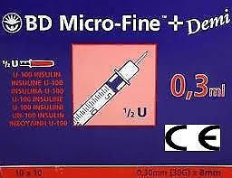 Bd 100u single use - 1ml syringe - 30g 0.30 x8mm needle combo ce - pack of 100 for sale