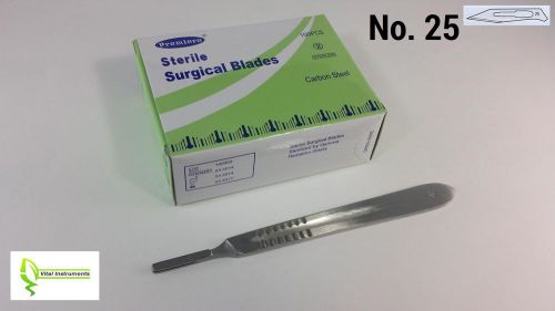 100 Surgical Scalpel Blades #25 Sterile Carbon Steel + 1 Scalpel Handle #4